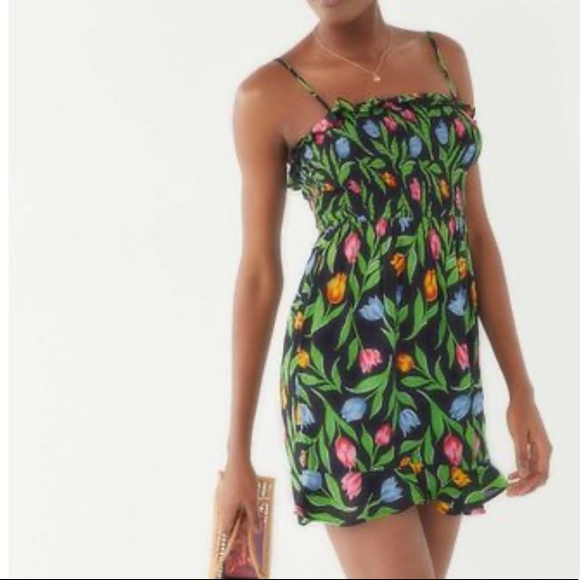 Green Floral Sabrina Gauze Mini Smocked Dress NWT - Picture 1 of 8